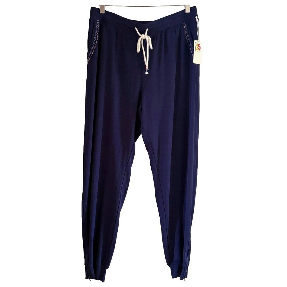PJ Salvage Womens L Navy Jogger Pajama Pants Embroidered Zip Cuff NWT